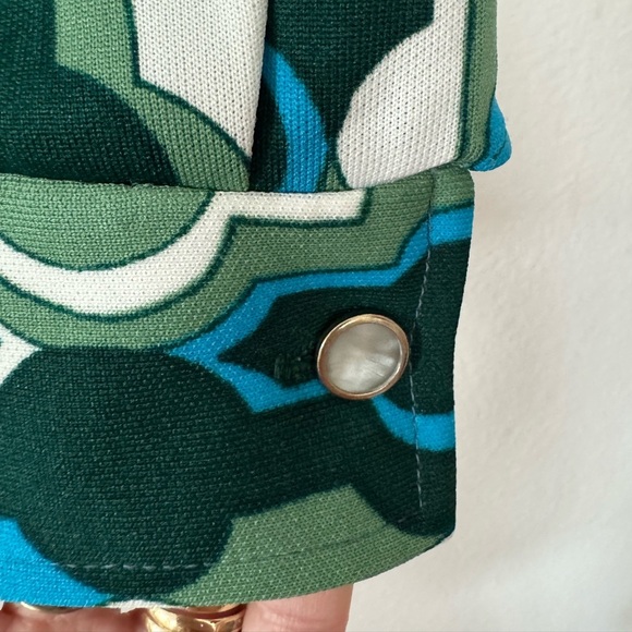 Vintage Neiman Marcus 70s Button Up Shirt Green Blue Polyester Size 10 / Medium - Picture 7 of 9